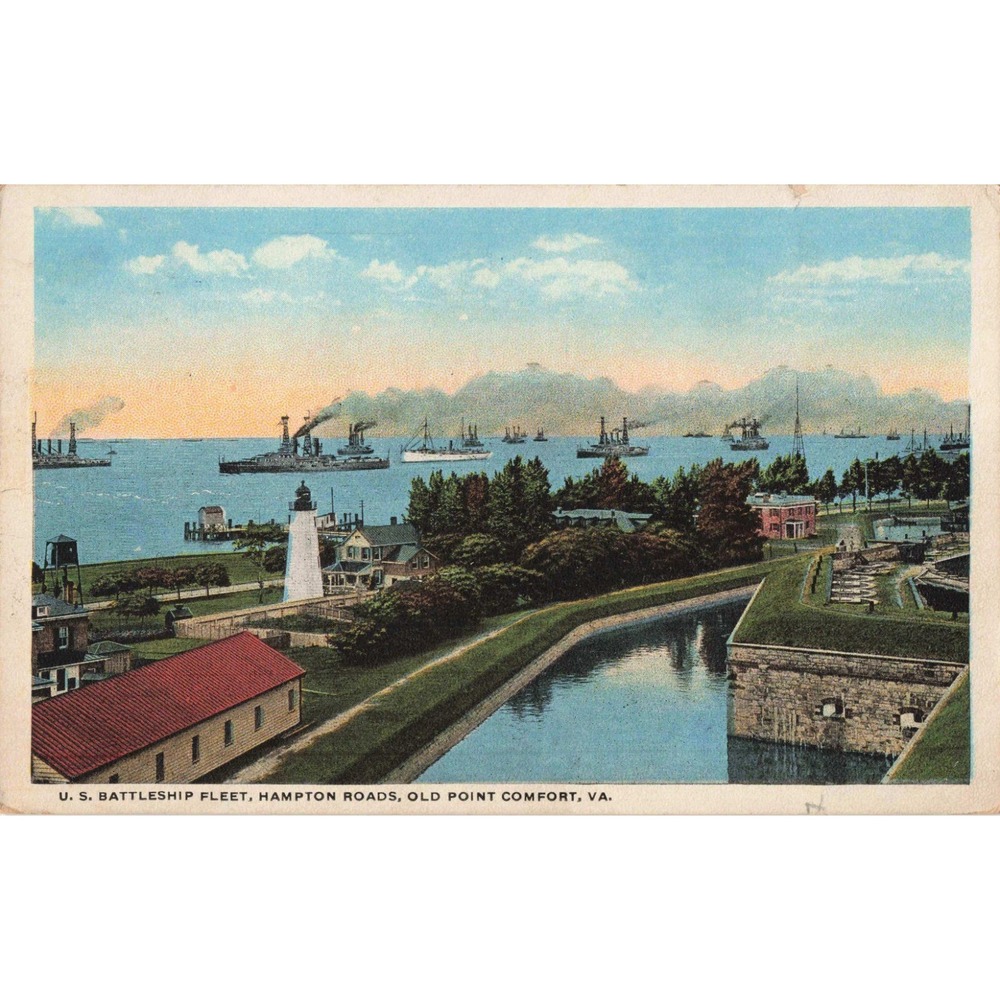 Vintage 1924 US Battleship Fleet Hampton Roads Old Point Comfort VA Postcard - Picture 1 of 2